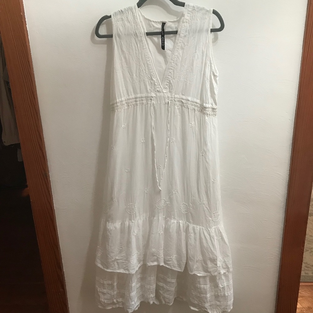 White 100% cotton Midi Ruffle Sleeveless Dress